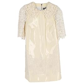 Dolce & Gabbana-Vestido Dolce & Gabbana com acabamento em renda em couro envernizado creme-Branco,Cru
