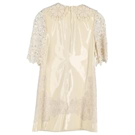 Dolce & Gabbana-Vestido Dolce & Gabbana com acabamento em renda em couro envernizado creme-Branco,Cru