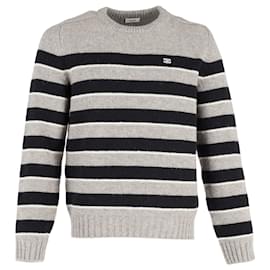 Céline-Celine Striped Crewneck Sweater in Grey Wool-Grey