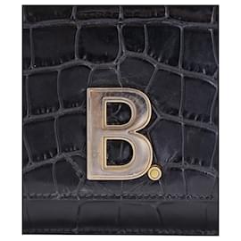 Balenciaga-Portafoglio con catena Balenciaga B in pelle nera goffrata coccodrillo-Nero