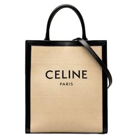 Céline-Celine Celine Canvas and Leather Vertical Cabas Medium Tote Bag Canvas Handbag in Excellent condition-Beige