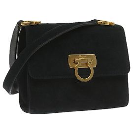 Salvatore Ferragamo Gancini Shoulder Bag Suede Black Auth 68424 Black