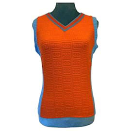 Chanel-Blusa sin mangas Chanel 02P CC Terry Logos en naranja y azul turquesa, talla FR 42.-Azul,Naranja,Turquesa