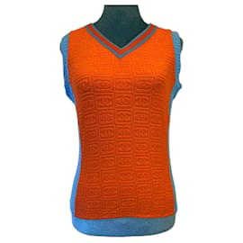 Chanel-Chanel 02P CC Terry Logos Blouse Tank Top Shirt FR 42 in Orange and Turquoise Blue-Blue,Orange,Turquoise