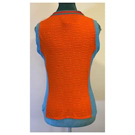 Chanel-Chanel 02P CC Terry Logos Blouse Tank Top Shirt FR 42 in Orange and Turquoise Blue-Blue,Orange,Turquoise