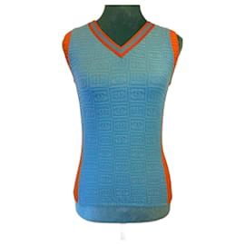 Chanel-Chanel 02P CC Terry Logos Blouse Tank Top Shirt FR 42 in Turquoise Blue and Orange-Blue,Orange,Turquoise