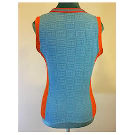 Chanel-Chanel 02P CC Terry Logos Blouse Tank Top Shirt FR 42 in Turquoise Blue and Orange-Blue,Orange,Turquoise