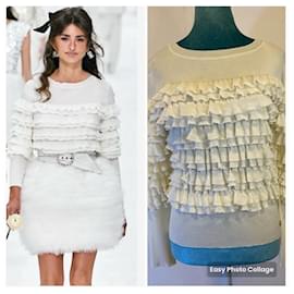 Chanel-Chanel 19A Runway White Ruffle Layered Sweater Jumper Pullover FR 38-White