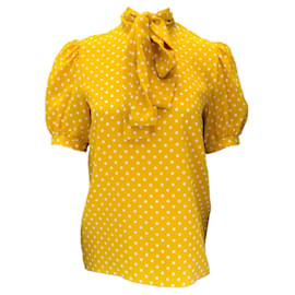 Autre Marque-Celine Marigold Yellow / Ivory Polka Dot Printed Tie-Neck Short Sleeved Silk Blouse-Yellow