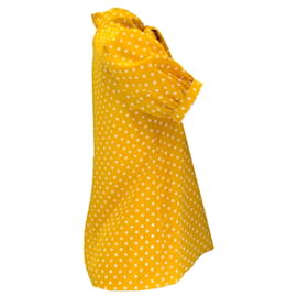 Autre Marque-Celine Marigold Yellow / Ivory Polka Dot Printed Tie-Neck Short Sleeved Silk Blouse-Yellow