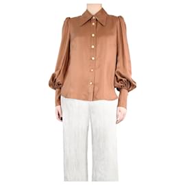 Zimmermann-Brown puff-sleeved silk shirt - size UK 12-Brown