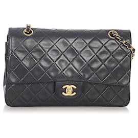 Chanel-Chanel Black Small Classic Lambskin Leather Double Flap Bag-Black