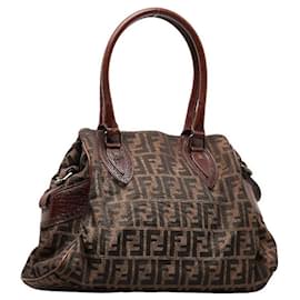 Fendi-Fendi Zucca Etnico Canvas Leather Handbag 8BN162 in Very Good Condition-Brown