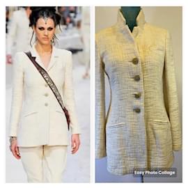Chanel-Blazer de tweed de algodão marfim e cru da passarela Chanel 12A Paris-Bombay, jaqueta longa FR 38.-Bege