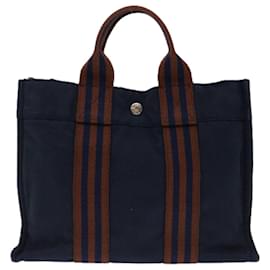Hermès-HERMES Fourre ToutPM Hand Bag Canvas Navy Brown Auth bs12475-Brown,Navy blue