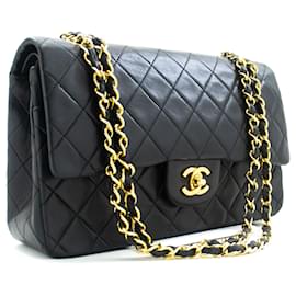 Chanel-Aba forrada Chanel Classic 10"Bolsa de Ombro em Corrente Pele de Cordeiro Preta-Preto