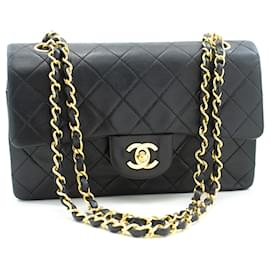 Chanel-CHANEL Classic Double Flap 9" Chain Shoulder Bag Black Lambskin-Black