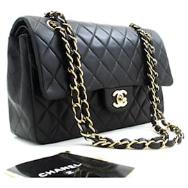 Chanel-Solapa forrada Chanel Classic 10Bolso de hombro con cadena de piel de cordero negro-Negro