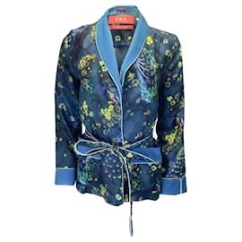 Autre Marque-F.R.S For Restless Sleepers Blue / Green Multi Floral Peacock Printed Belted Silk Jacket-Blue