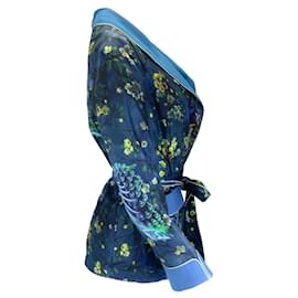 Autre Marque-F.R.S Para personas que duermen inquietas Azul / Chaqueta de seda con cinturón y estampado de pavo real con flores multicolores verdes-Azul