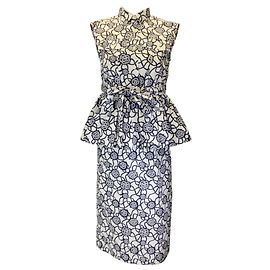 Dries Van Noten Seca van Noten blanco / Vestido peplum de algodón estampado azul marino Multicolor
