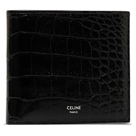 Céline-Black Celine Embossed Leather Bifold Wallet-Black