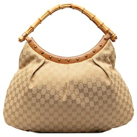 Gucci-Beige Gucci GG Canvas Bamboo Studded Handbag-Beige