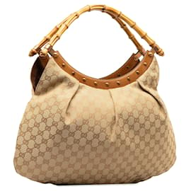 Gucci-Beige Gucci GG Canvas Bamboo Studded Handbag-Beige
