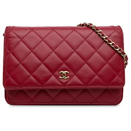 Chanel-Cartera roja Chanel clásica de piel de cordero con bolso bandolera con cadena-Roja