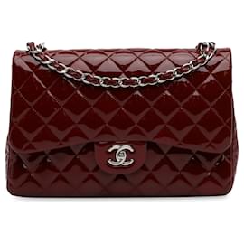 Chanel-Bolsa de ombro Chanel Jumbo Classic vermelha com aba forrada de patente-Vermelho