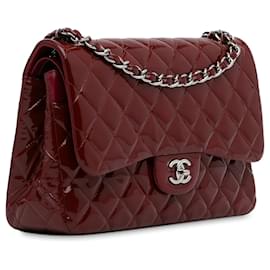 Chanel-Bolsa de ombro Chanel Jumbo Classic vermelha com aba forrada de patente-Vermelho