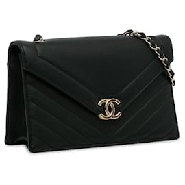 Chanel-Black Chanel Chevron Envelope Flap Crossbody Bag-Black