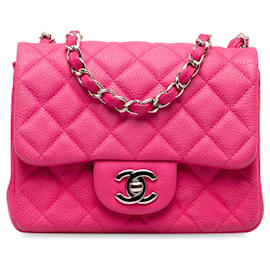 Chanel-Bolsa de ombro Chanel Mini Square Caviar rosa com aba única-Rosa