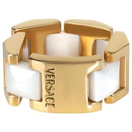 Versace-Anello flessibile con piramidi in ceramica bianca Versace in 18K oro giallo-Argento,Metallico