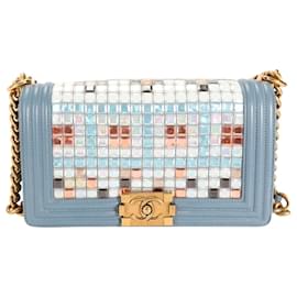 Chanel-Borsa Chanel da ragazzo media in pelle azzurra e mosaico in edizione limitata-Blu