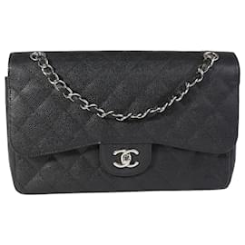 Chanel-Chanel Black Quilted Caviar Jumbo Classic bolso con solapa forrado-Negro
