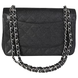 Chanel-Chanel Black Quilted Caviar Jumbo Classic lined Flap Bag-Black