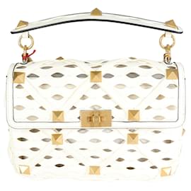 Valentino-Grand sac à bandoulière Valentino en cuir nappa ivoire avec clous romains-Blanc