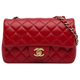 Chanel-Chanel Red Mini Classic in pelle di agnello rettangolare a patta singola-Rosso