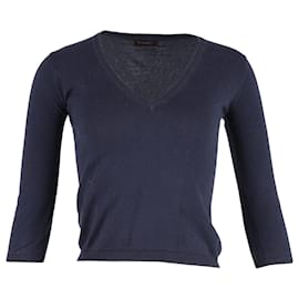 Mulberry-Mulberry V-neck Quarter Sleeve Top in Navy Blue Cotton-Navy blue