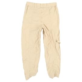 Ganni-Pantalon courbe élastiqué en toile lavée Ganni en coton beige-Beige