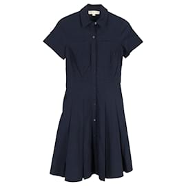 Michael Kors-Micheal Kors Pleated Short Sleeve Dress in Navy Blue Cotton-Navy blue