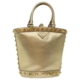 Prada-PRADA Hand Bag Safiano Leather 2way Gold Auth 67465A-Golden