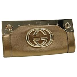 Gucci-GUCCI Interlocking Clutch Bag Leather Gold Auth 67882A-Golden