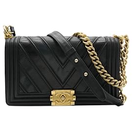 Chanel-Chanel Black Calfskin Caviar In The Mix Chevron Old Medium Boy Handbag-Black