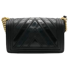 Chanel-Chanel Black Calfskin Caviar In The Mix Chevron Old Medium Boy Handbag-Black