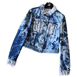 Chanel-Jaqueta de ganga com franjas e botões CC raros.-Azul