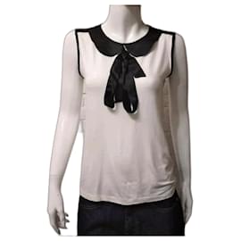 Dolce & Gabbana-Blusa blanca de viscosa y seda Dolce&Gabbana D&G con cuello de corbata negro.-Blanco