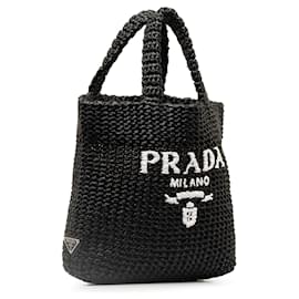 Prada-Kleine schwarze Tragetasche aus Raffiabast mit Logo von Prada-Schwarz