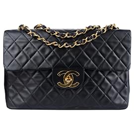 Chanel-Chanel Quilted Lambskin 24K Gold Single Flap Jumbo Crossbody Bag-Black